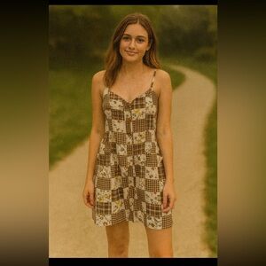Brown Patchwork Floral Mini Dress - Lightweight Spaghetti Strap